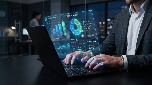 AI payroll system interface showing employee salary data, budgeting graphs, and monthly calendar used on laptop for digital finance management and automated compensation planning in business setup