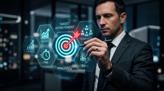 Goal setting and strategic focus using digital interface. businessman selecting target icon and strategy dashboard. strategic planning, performance tracking and digital business management for success