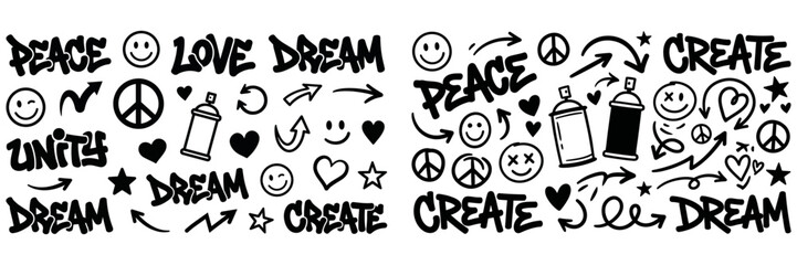 Positive Graffiti Word Art Set - Peace Love Dream Create Unity Spray Can Vector Illustrations © Kochi