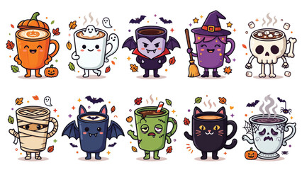 Obraz premium Cute Halloween Coffee Cup Monsters Vector Collection Adorable Cartoon Beverage Characters Flat Illustration