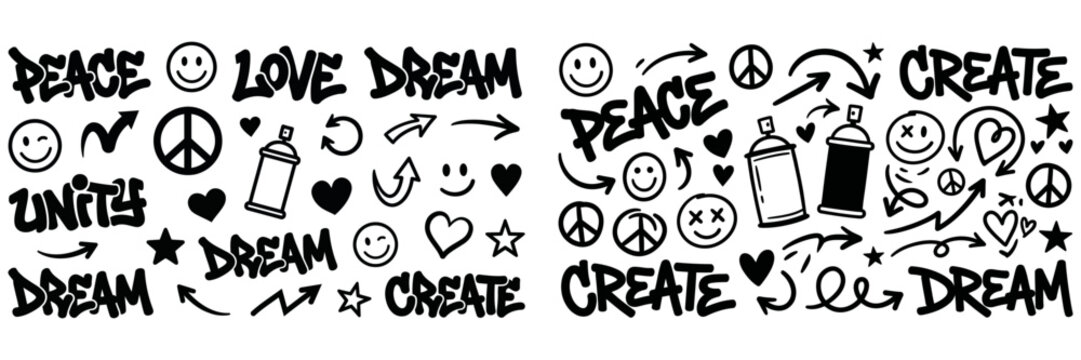 Positive Graffiti Word Art Set - Peace Love Dream Create Unity Spray Can Vector Illustrations