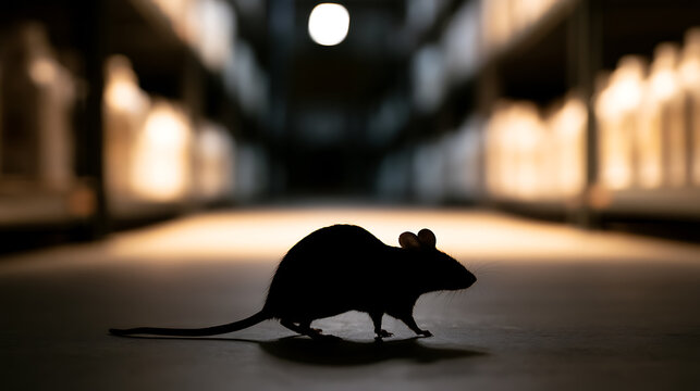 Silhouette of a small rodent, likely a mouse or rat, against a blurred background of glowing shelves, suggesting an unseen presence in a storage facility