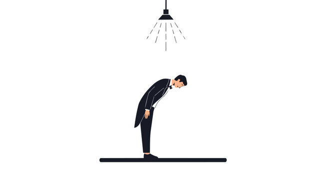 Elegant Man in Tuxedo Bowing Under a Spotlight Symbolizing Professional Service Respect and Gratitude