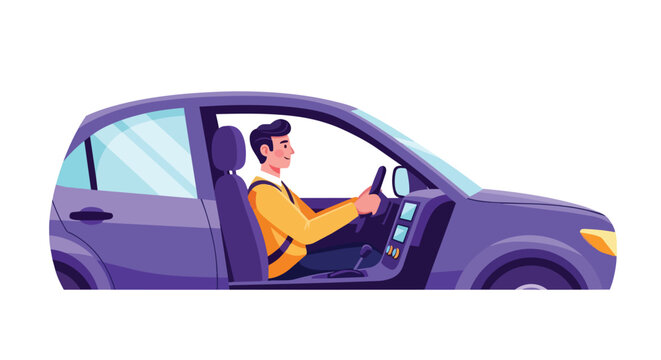 Male Driver Steering a Purple Hatchback Car for Urban Commute Daily Travel and Automotive Transportation