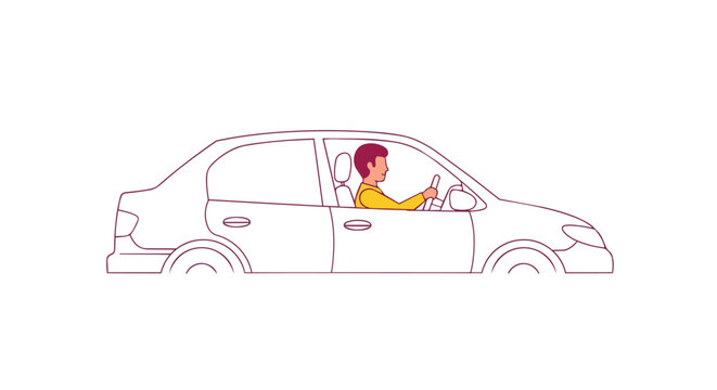Man Driving a White Sedan Car with Minimal Purple Outlines Illustration for Transportation and Commuting Projects