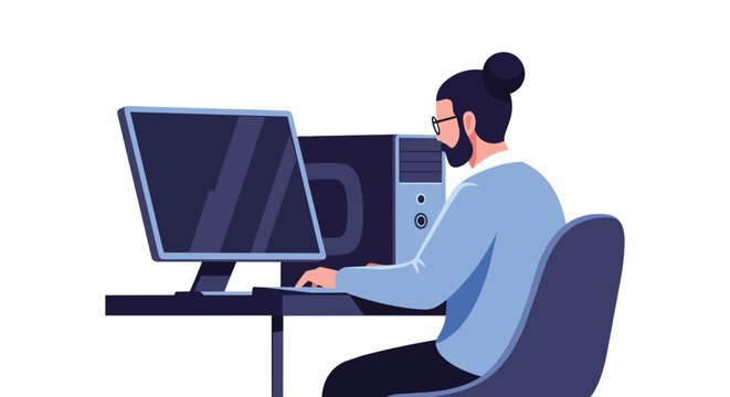 Professional Man with Glasses and Hair Bun Working on Desktop Computer PC at Modern Office Desk Space