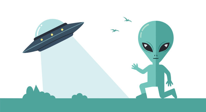 Extraterrestrial Grey Alien Character Walking Near Flying Saucer UFO with Bright Light Beam and Birds in Sky