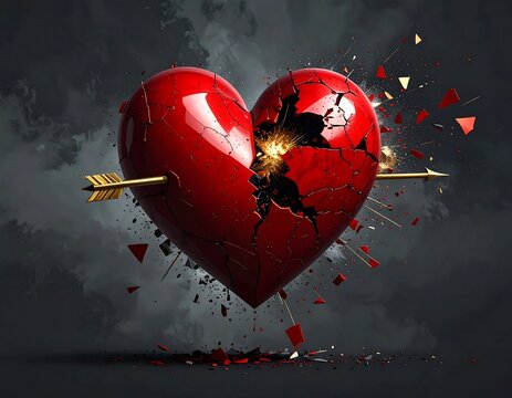 Cracked Red Heart Pierced by Arrow Exploding Against Dark Smoky Background