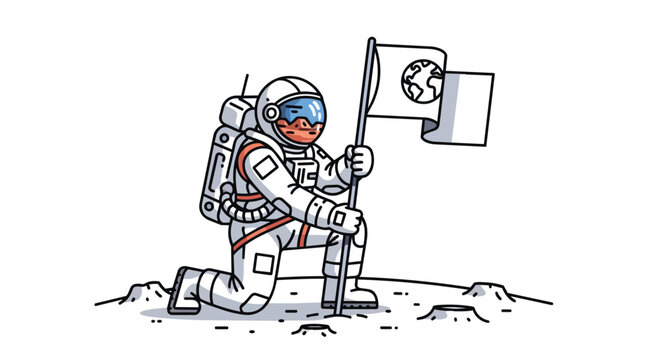Brave Astronaut Kneeling on Moon Surface Planting a Flag for Space Mission Discovery and Universe Exploration Journey
