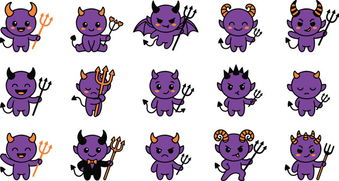 Cute Halloween devil character icon collection featuring adorable cartoon demon mascots with playful expressions and flat vector illustration set
