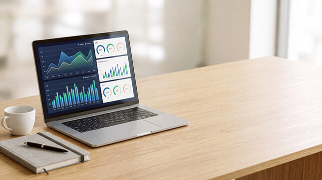 Laptop Displaying Business Analytics Dashboard on Office Desk