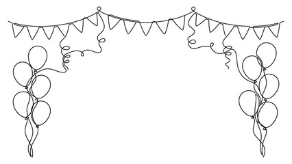 Fototapeta premium Continuous line art frame with party balloons and hanging pennant bunting