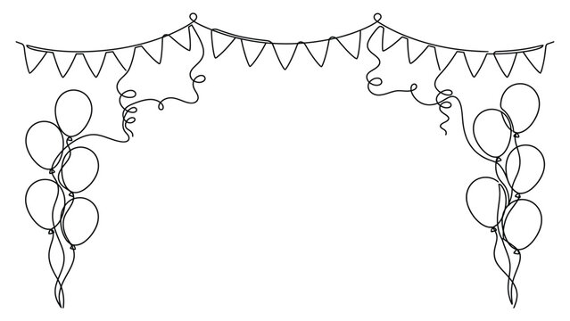 Continuous line art frame with party balloons and hanging pennant bunting