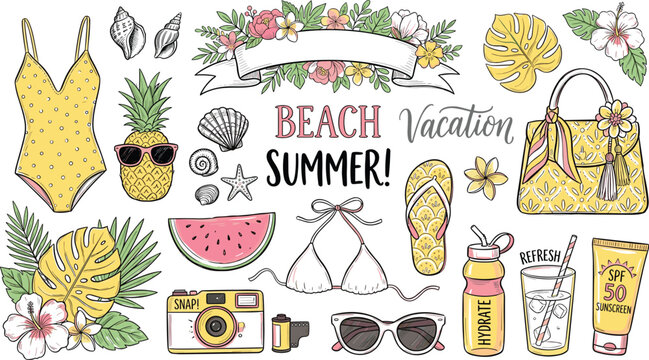 Hand drawn summer beach vacation vector illustration set with swimsuit pineapple sunglasses tropical leaves flowers bag and camera elements