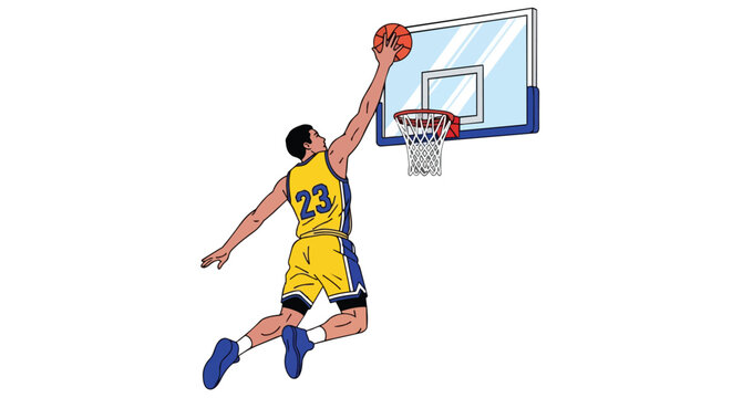 Dynamic Basketball Athlete Wearing Yellow Number Twenty Three Uniform Jumping High for Slam Dunk Score Illustration