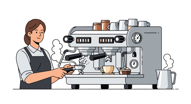 Professional Barista Making Espresso with Commercial Coffee Machine and Steaming Milk in a Modern Cafe Shop