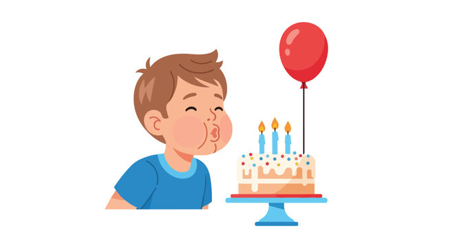 Little Boy Blowing Out Three Candles on a Sweet Birthday Cake with a Red Balloon and Party Decorations