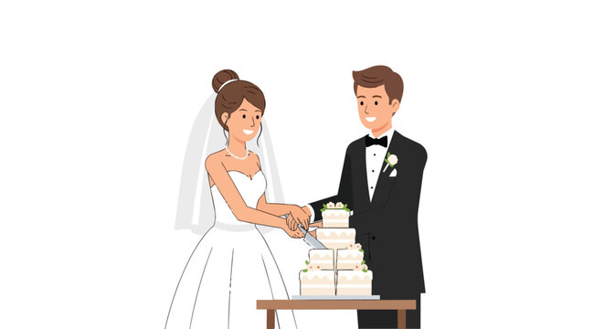 Happy Newlyweds Bride and Groom Cutting Wedding Cake Together During Romantic Marriage Celebration Ceremony Party