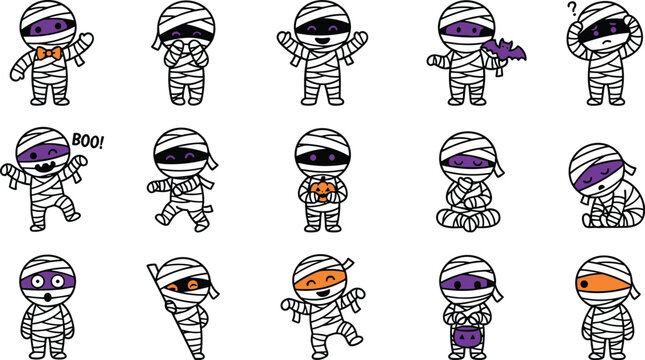Cute Halloween mummy character icon collection featuring adorable cartoon mummy poses with flat vector illustration set