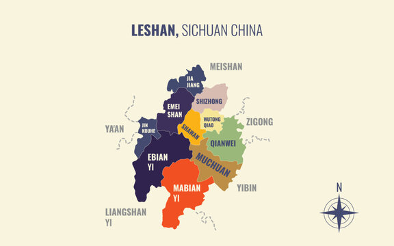 leshan sichuan Prefacture into County in a minimalist colorful style map showing