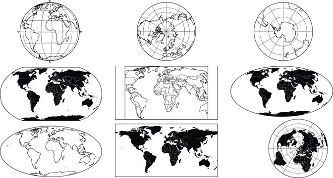 Collection of nine world map projections including equatorial, polar, oval, and circular views showing diverse distortions of continents and oceans