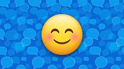 Happy yellow emoji face with rosy cheeks on blue chat bubbles background social media concept with speech bubble background cheerful yellow with blushing cheeks © CreativeStock