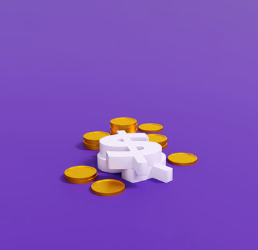 3D Dollar Symbol with Gold Coins and Percent Icons on Purple Background