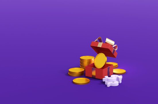3D Gift Box with Gold Coins and Dollar Symbol on Purple Background with Copy Space