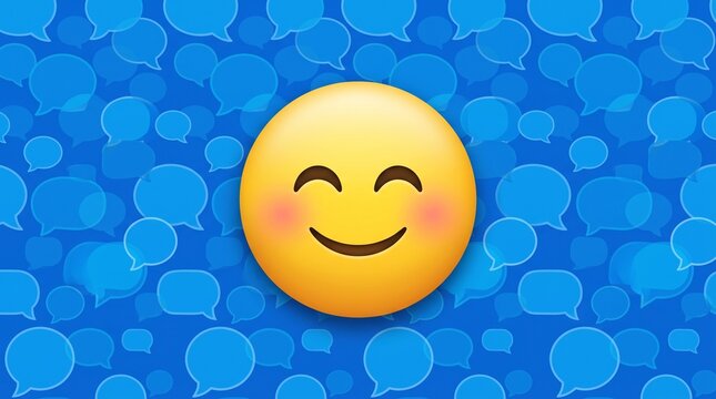 Happy yellow emoji face with rosy cheeks on blue chat bubbles background social media concept with speech bubble background cheerful yellow with blushing cheeks