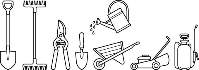 Gardening tools and lawn care equipment line icon set with lawnmower wheelbarrow and shovel symbols © MdAshik