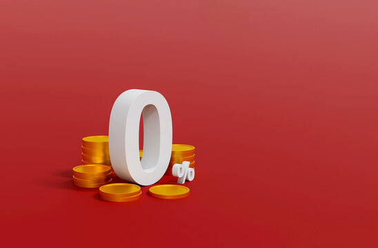 3D Zero Percent Interest Symbol with Gold Coins on Red Background