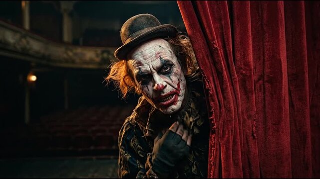 Scary clown peering from behind theater curtain
