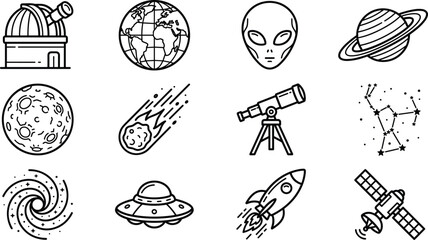 Space astronomy and exploration line icon set with alien observatory planet and rocket symbols © MdAshik