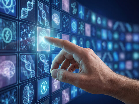 Hand Touching Digital Technology Interface with Artificial Intelligence Icons