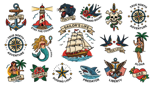 Nautical Tattoo Design Collection: Anchors, Ships, Mermaids, & More