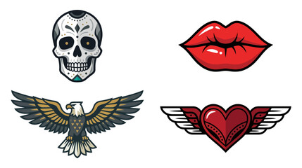 Fototapeta premium Day of the Dead Skull, Red Lips, Eagle, and Winged Heart Graphic Icons