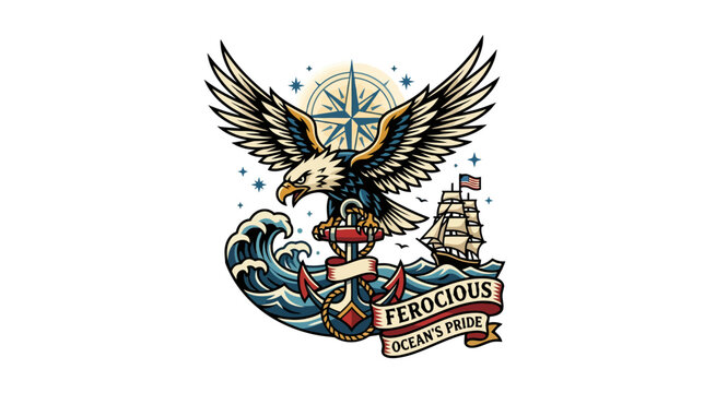 Eagle and Ship Tattoo Art with Anchor and Waves