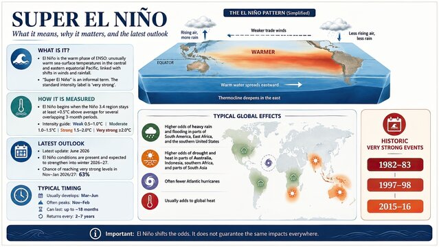 Super El Ni&ntilde;o Climate Infographic With Pacific Warming Map And Global Weather Impacts