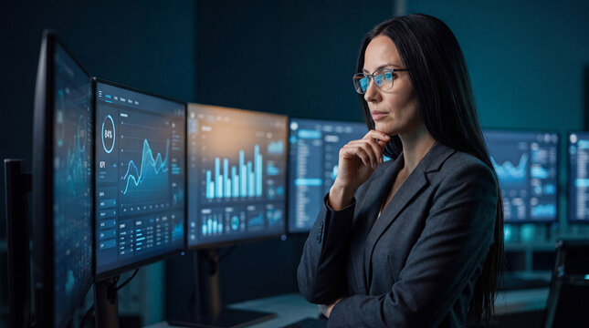 Female Data Analyst Monitoring Business Intelligence Dashboard