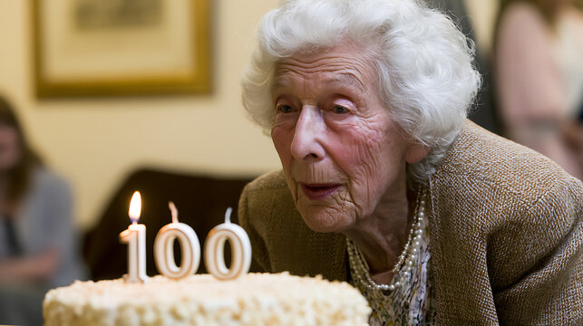 Elderly woman celebrate a significant birthday, leaning forward to blow out candles on a cake, capturing a moment of joy and milestone achievement