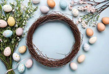 Fototapeta premium Easter wreath with decorated eggs and spring flowers flat lay