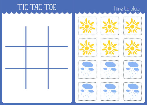 Tic-tac-toe chart or noughts and crosses template, sun, rain weather elements to cut out, fun educational activity for logic thinking development, printable worksheet for board game, teacher resource