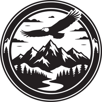 Black and white eagle flying over mountains, circular landscape logo, wildlife nature scene, vector illustration