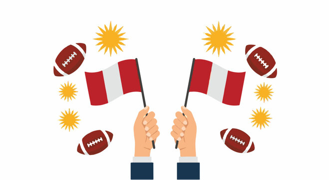 Vector illustration of two hands holding Peruvian flags surrounded by American footballs and yellow sun symbols on a white background, representing sports culture in Peru.