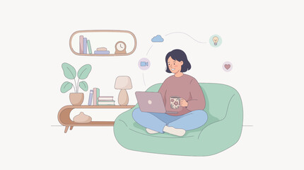 Obraz premium Woman sitting on bean bag with laptop.