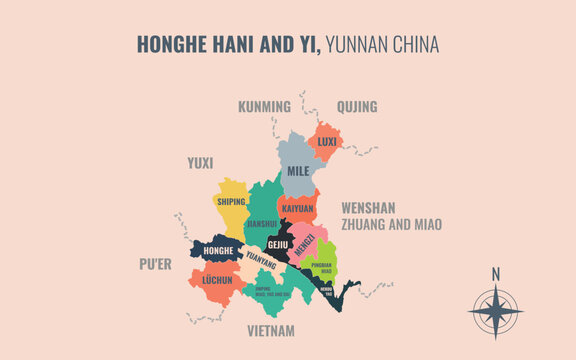 honghe hani and yi yunnan Prefacture into County in a minimalist colorful style map showing