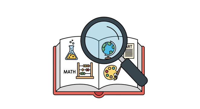 Magnifying glass hovering over an open book displaying various academic subjects like science geography art and mathematics symbolizing education learning research and discovery with clear