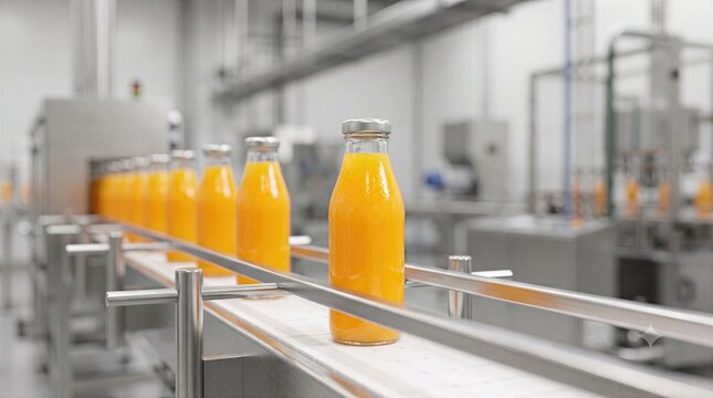 Orange juice bottles on automated production line