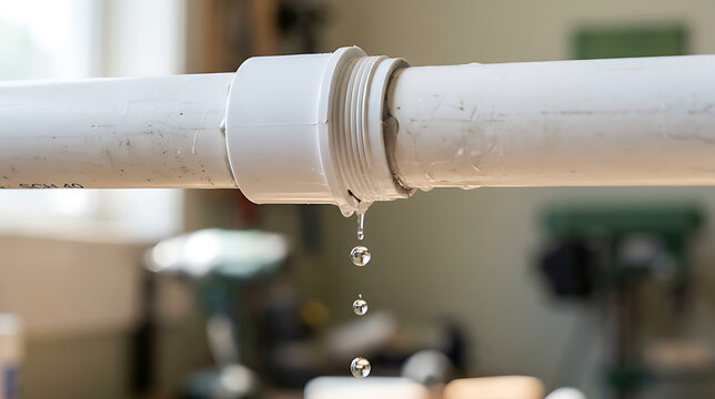 Close-up of leak in white PVC pipe with water droplets forming and dripping from a joint in a plumbing system