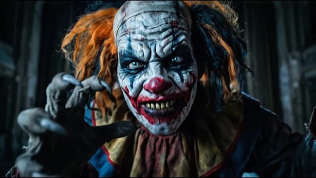 Scary evil clown standing on abandoned theater stage spotlight